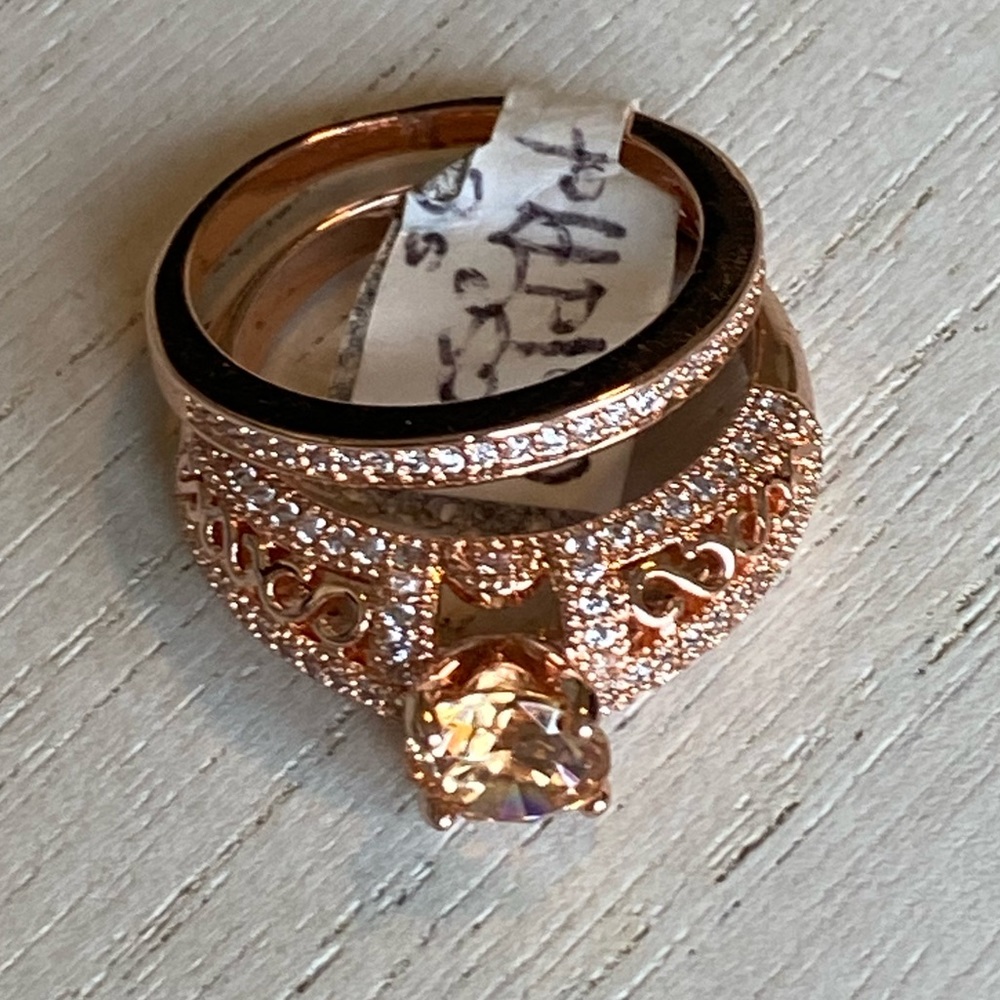 ROSE GOLD plated Salesman Sample 2 pc Cubic Zirconia Filagree WEDDING RING SET